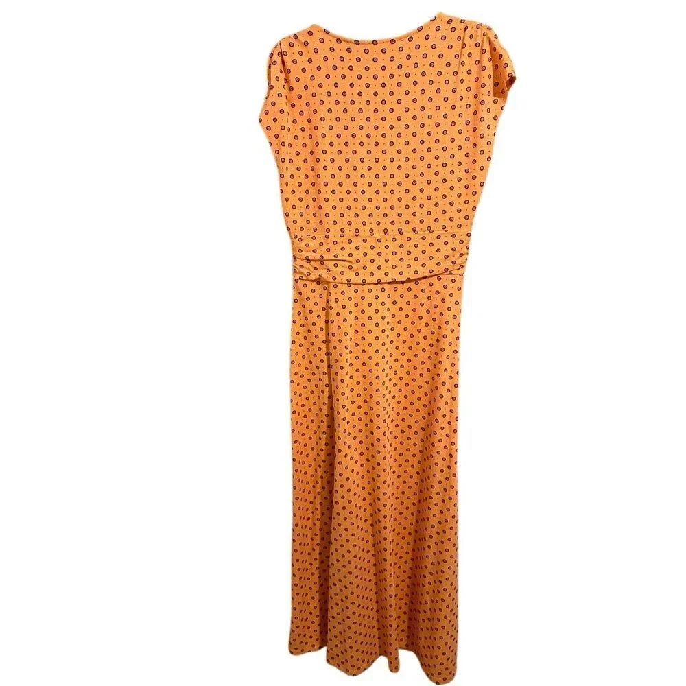 Lands' End Coral Print V-Neck Draped Wrap Midi Dress Size M/P 10-12